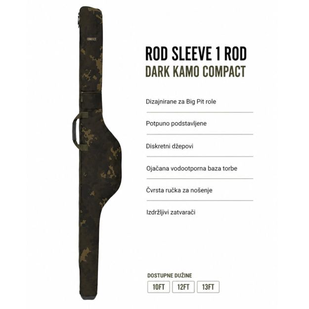Korda Compac Padded Rod Sleeve Dark Kamo torba za jedan dvodijelni šaranski štap s rolom, podstavljena i vodootporna zaštitna torba za ribolovni pribor