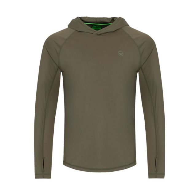 Korda UPF UV majica Dark Khaki s UPF 50 zaštitom, kapuljačom i dugim rukavima za ribolov i aktivnosti na otvorenom.