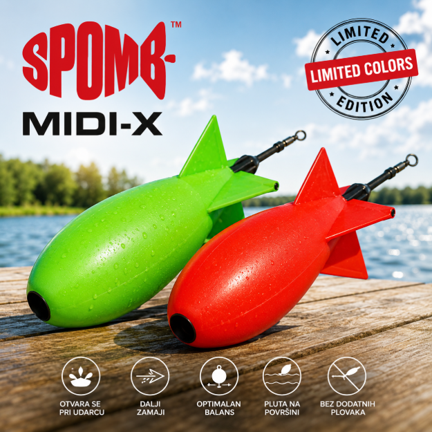 Spomb Midi X Limited raketa za prihranu u zelenoj i crvenoj boji